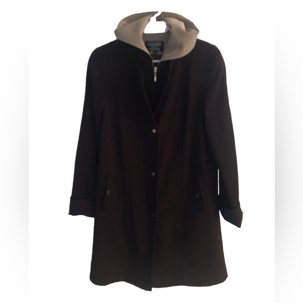 Chocolate brown A line zip up with snap button, hooded trench coat
